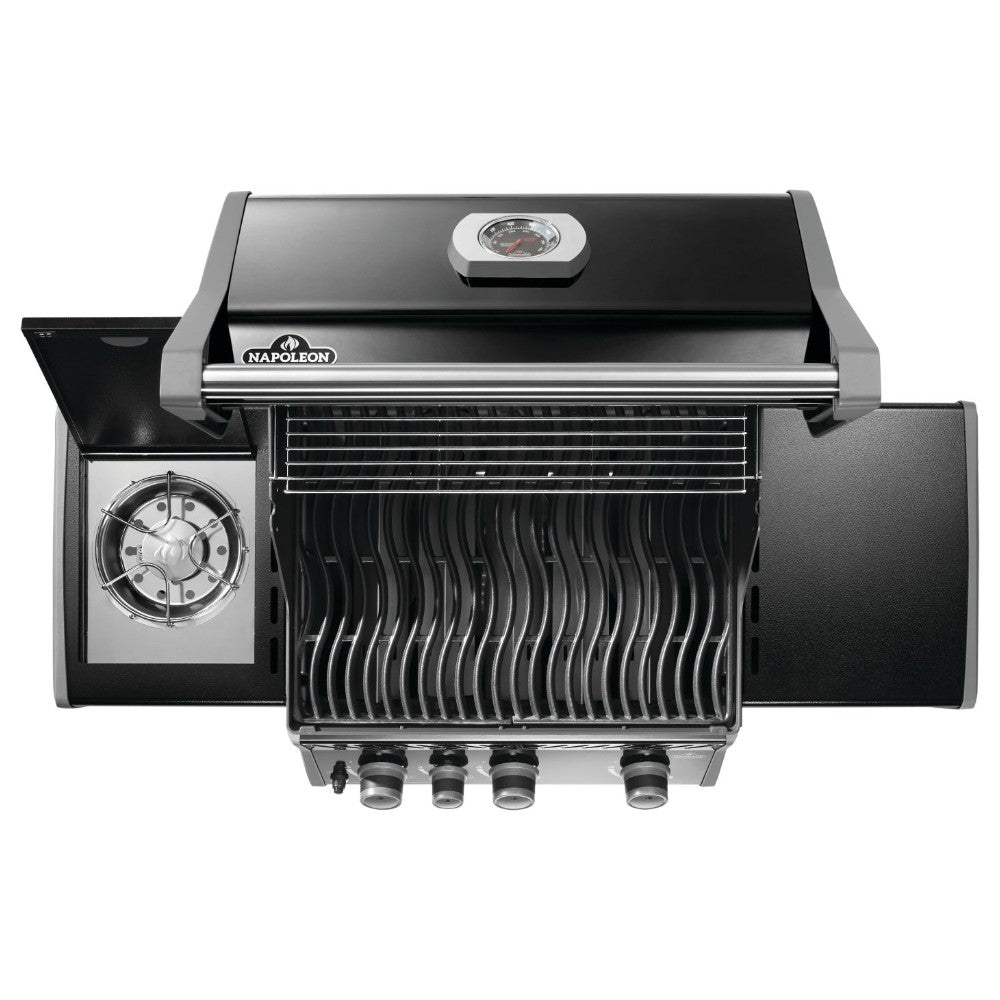 Black gas grill with open hood and burner grates, side shelves and control knobs