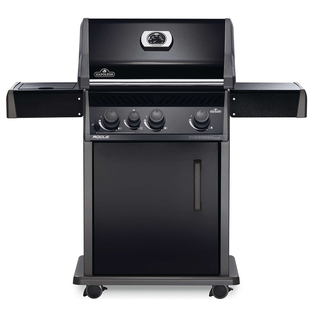 Black gas grill on cart with side burner, front control knobs and closed lid