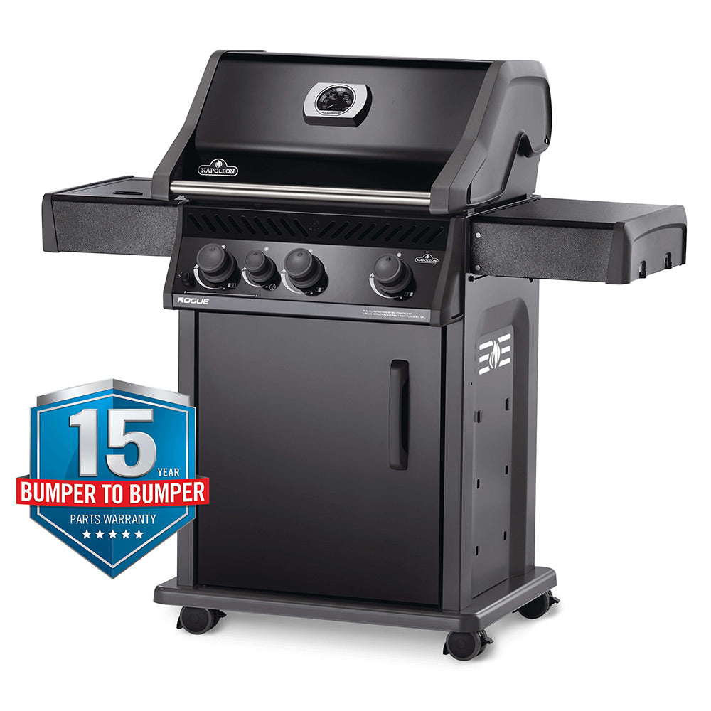 Black gas grill on cart with open lid, front controls, and side shelves visible