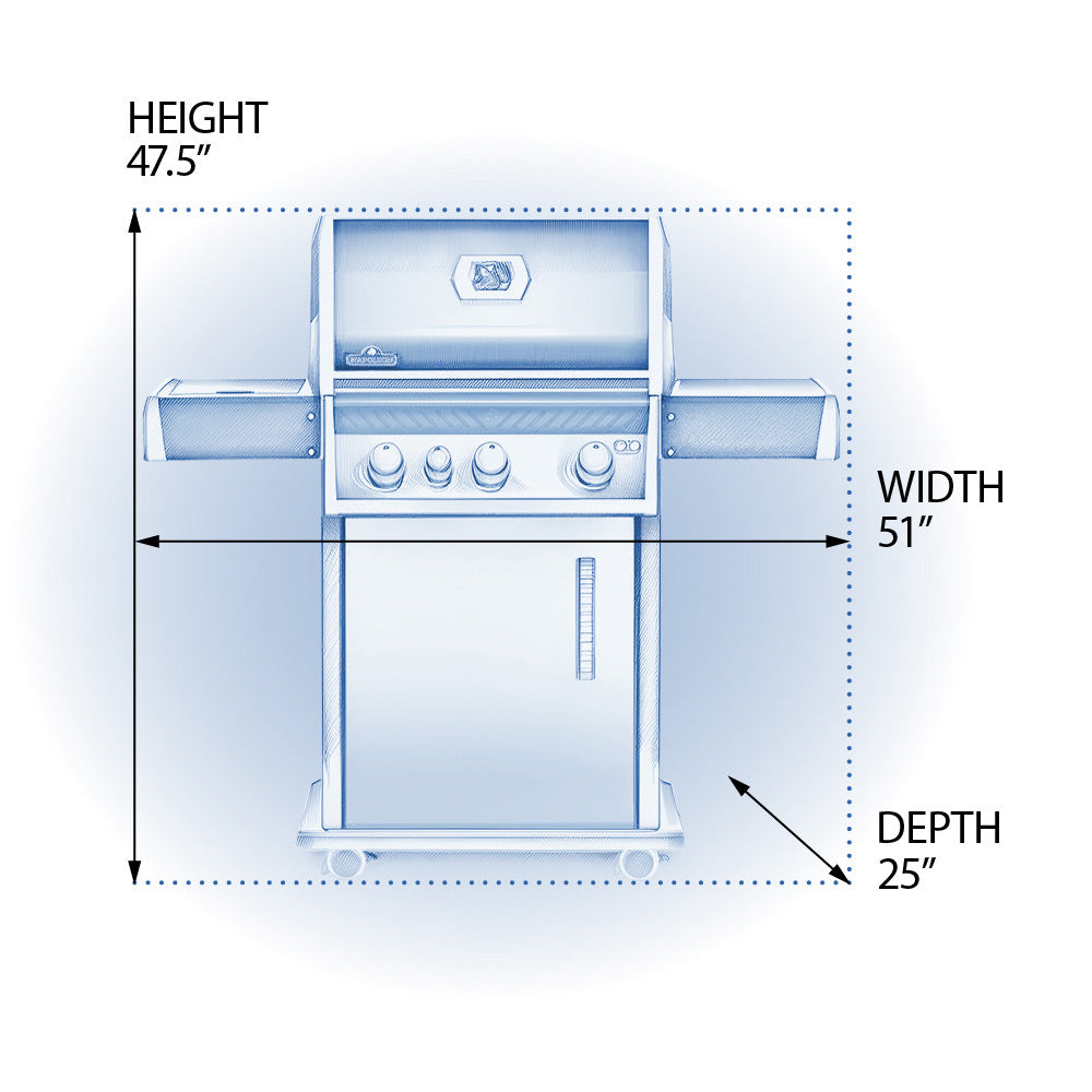 Gas grill dimensions diagram showing height, width, and depth measurements