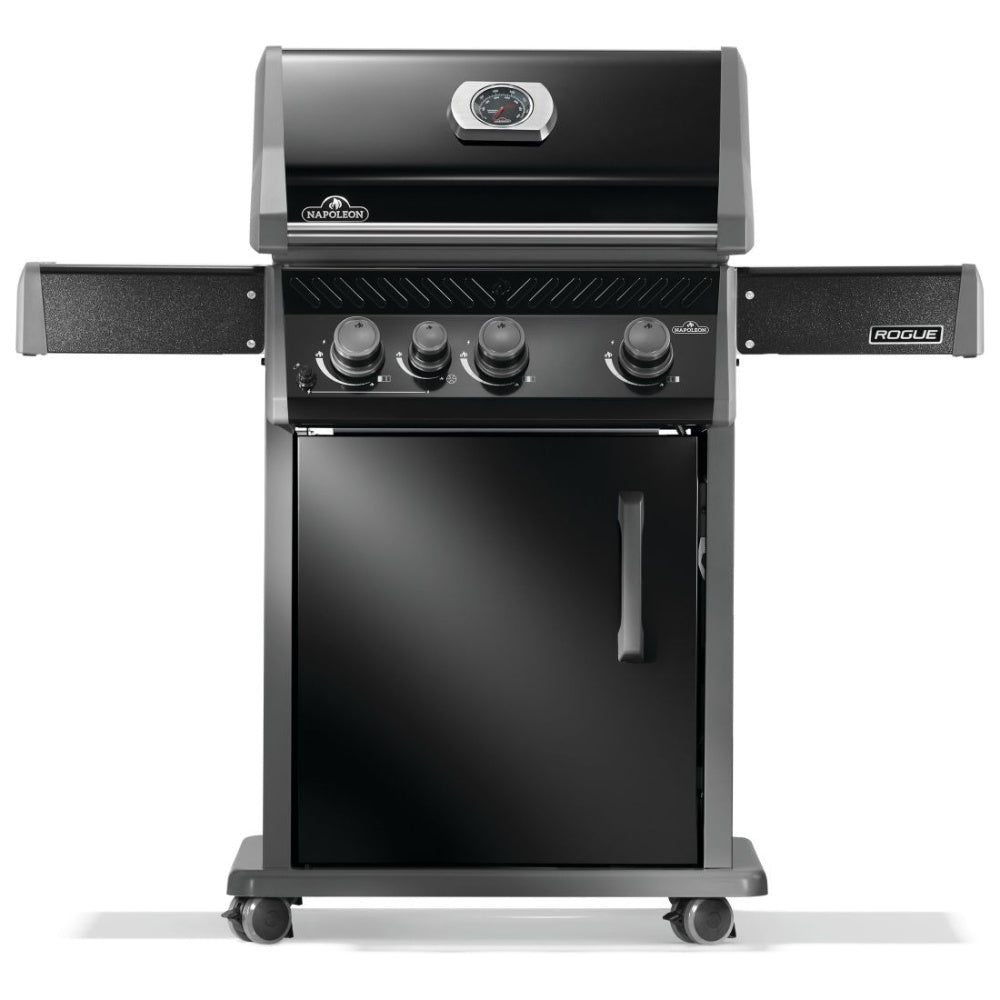 Black gas grill with front control knobs, two side shelves, and open cooking lid