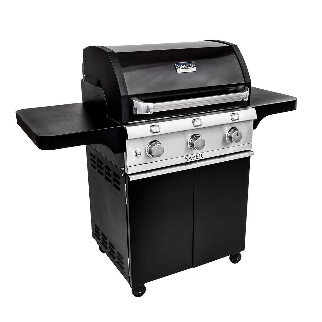 Black freestanding grill with lid raised, stainless doors, and front control knobs