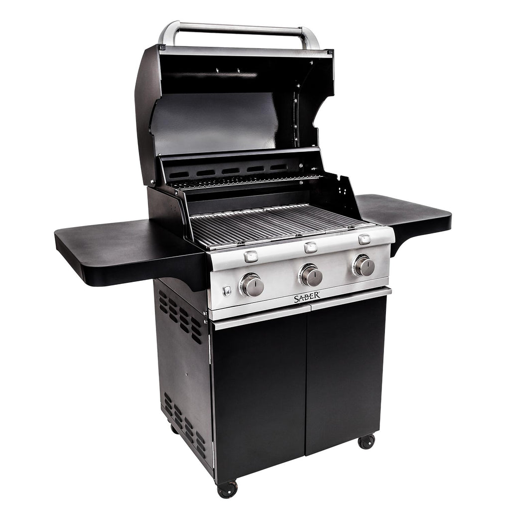 Open black grill with stainless control panel, infrared burner area, and wire cooking grate