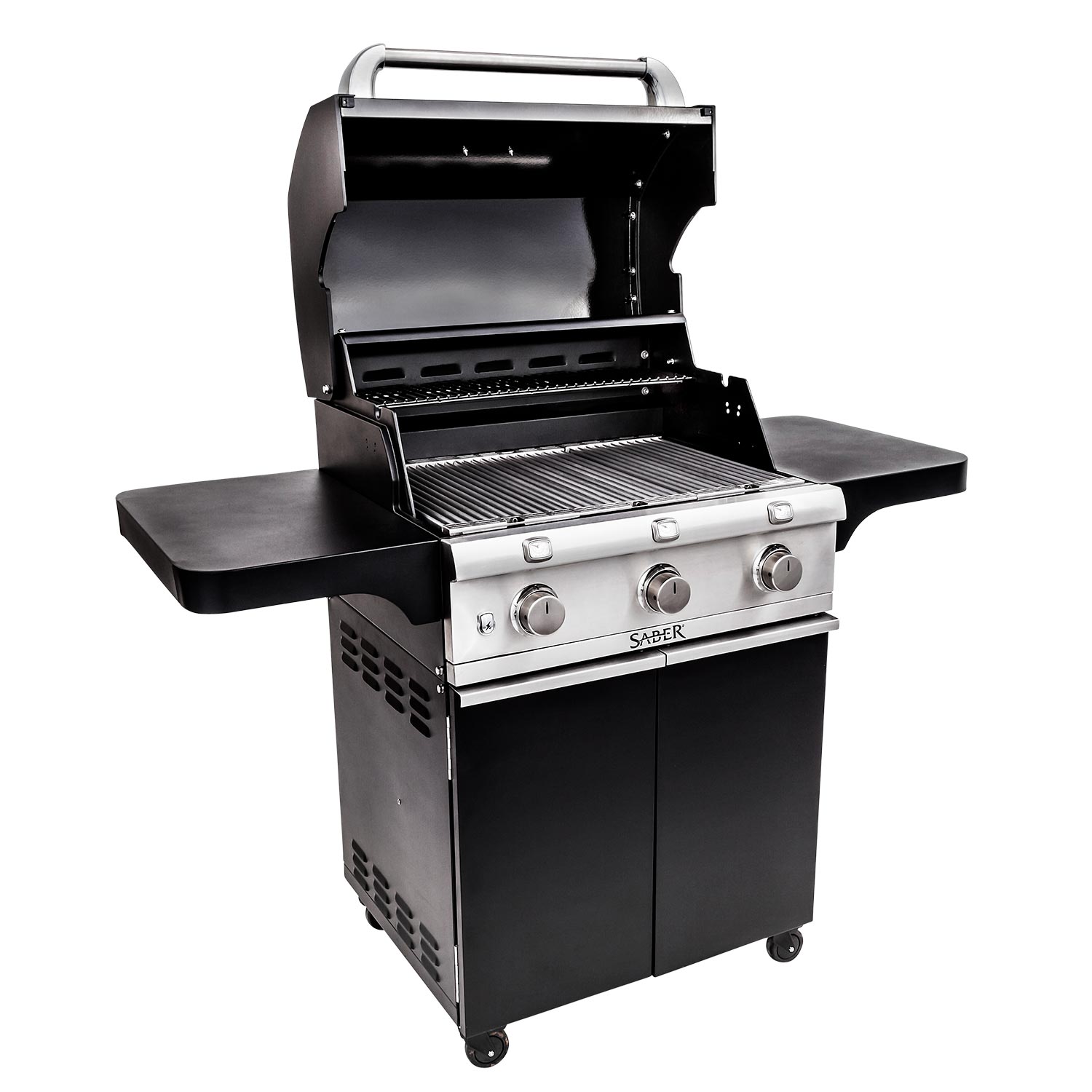 Open black grill with stainless control panel, infrared burner area, and wire cooking grate