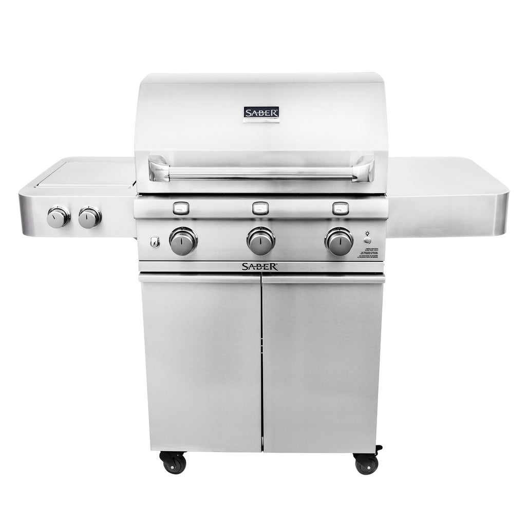 Stainless steel 3-burner deluxe freestanding infrared grill with side burner and control knobs