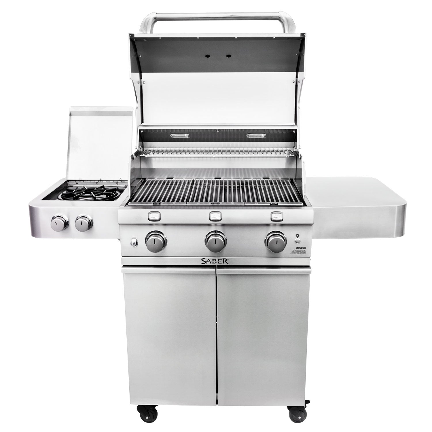 Stainless steel 3-burner infrared grill with lid open, burners and side burner visible