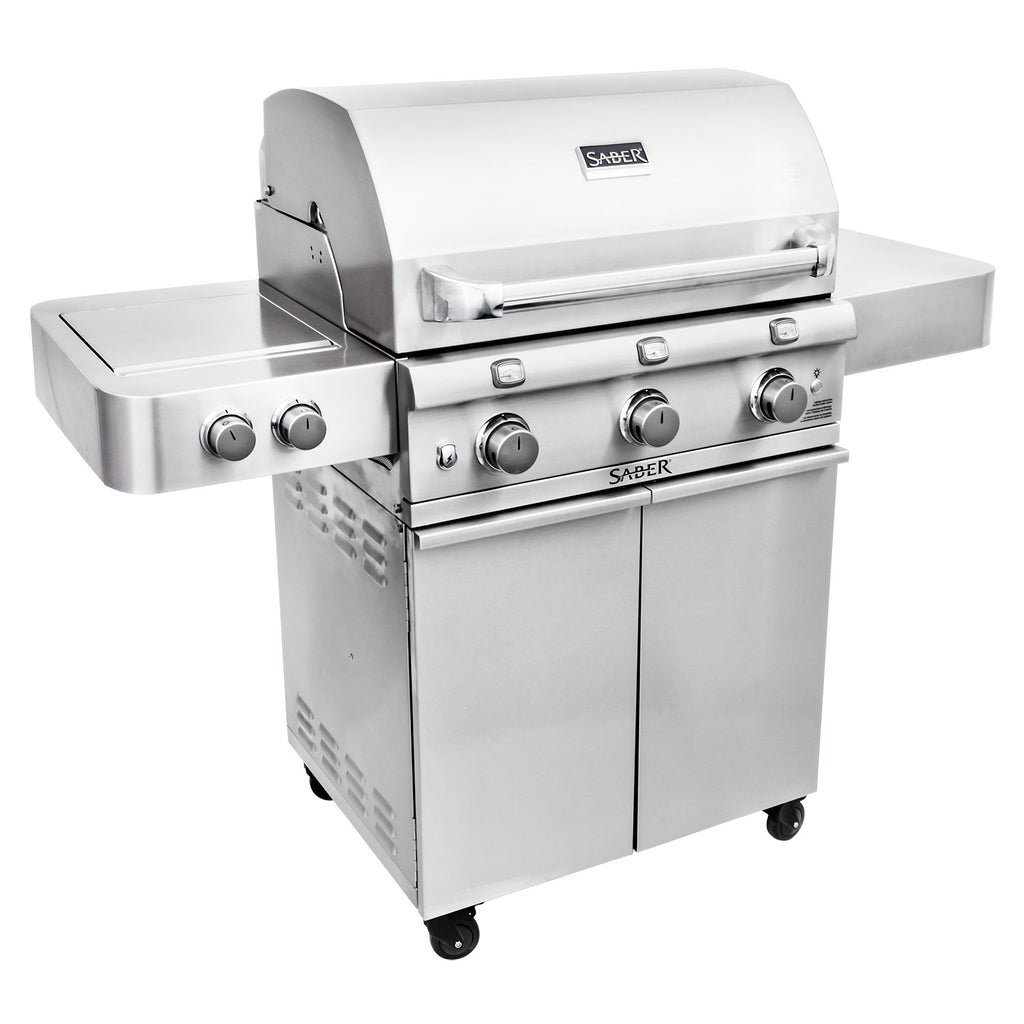 Stainless steel 3-burner infrared grill with side burner and front control knobs, hood closed