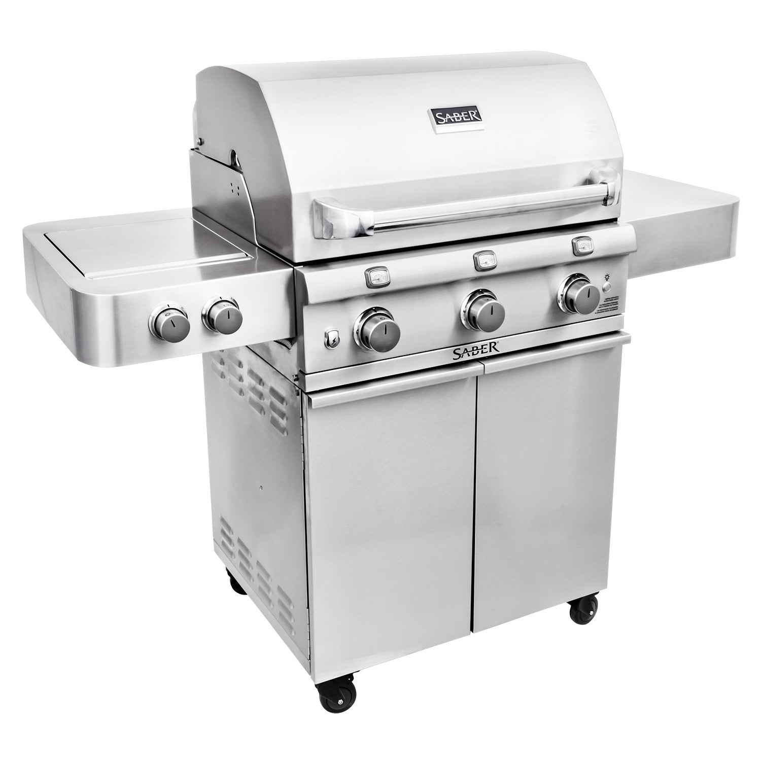 Stainless steel 3-burner infrared grill with side burner and front control knobs, hood closed
