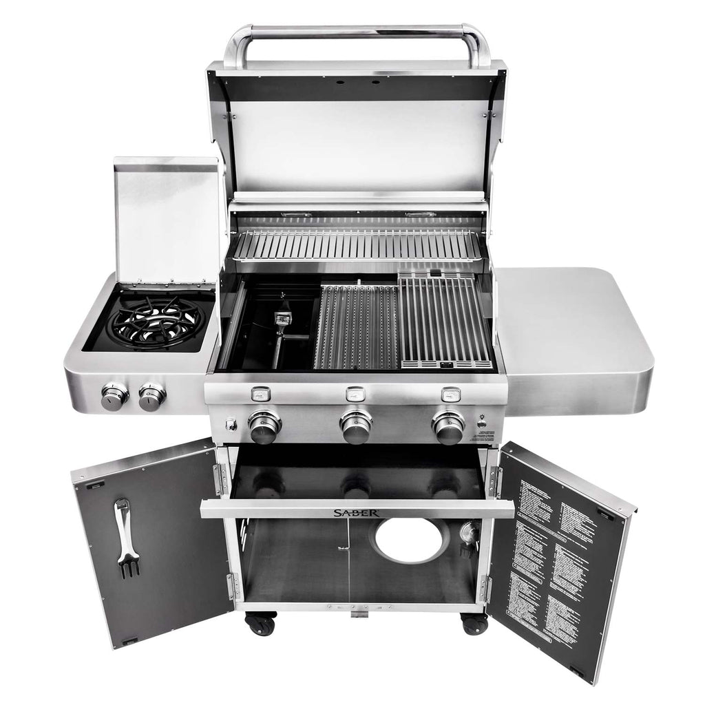 Stainless steel infrared grill with lid open, side burner exposed, and control panel shown