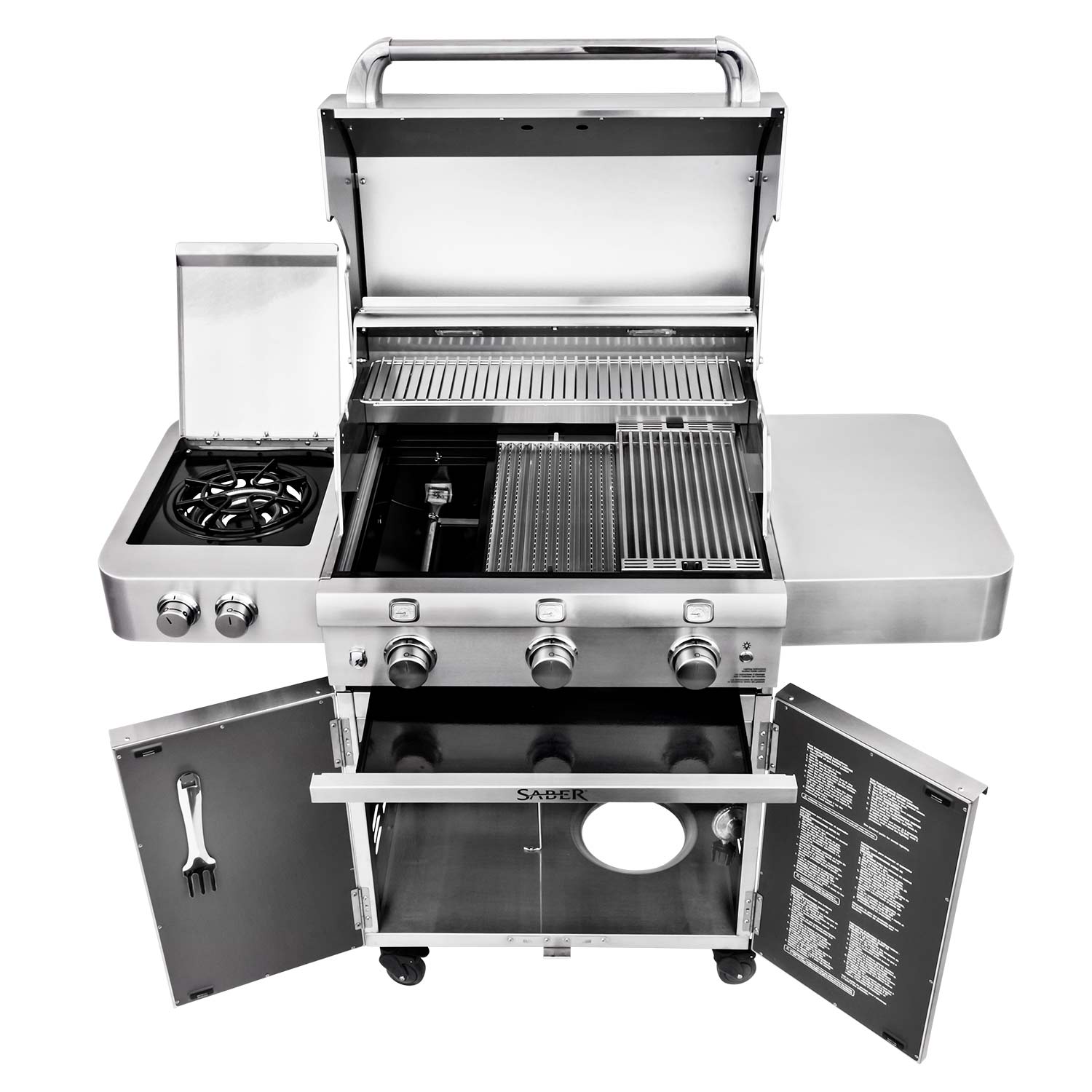 Stainless steel infrared grill with lid open, side burner exposed, and control panel shown
