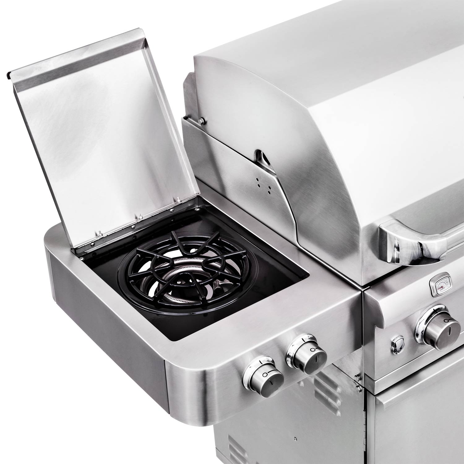 Stainless steel side burner with open lid and dual control knobs on freestanding grill