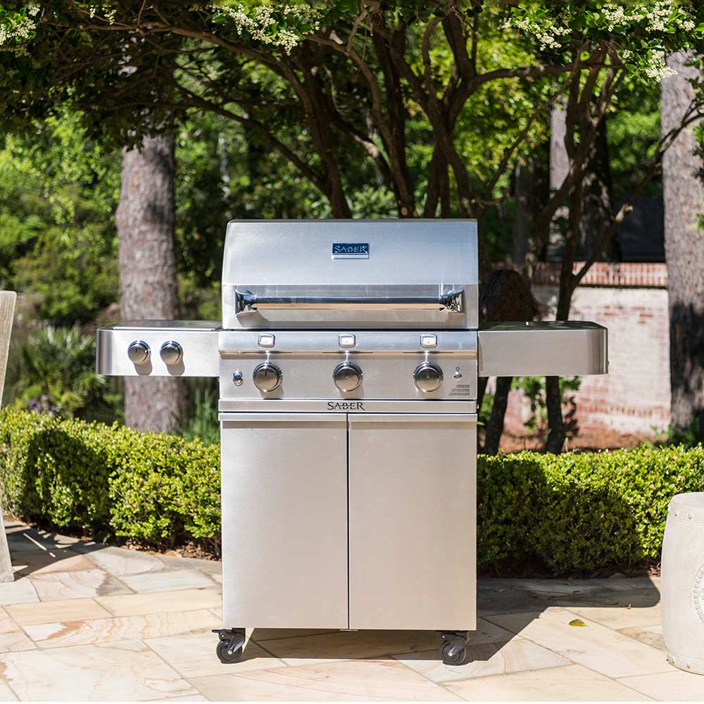 Stainless steel freestanding 3-burner infrared grill with side burner, hood closed
