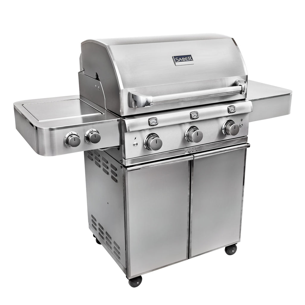 Stainless steel freestanding infrared grill with side controls and closed hood