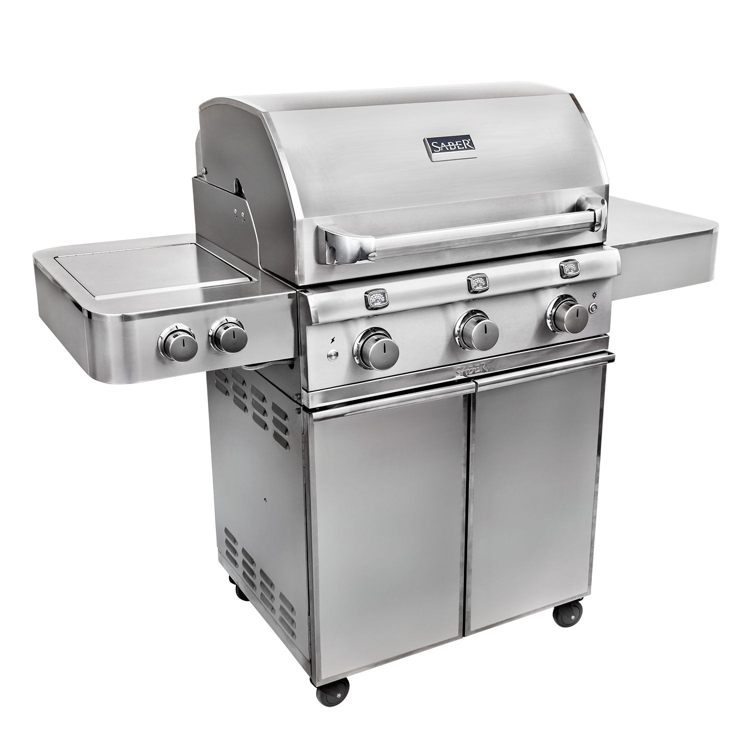 Stainless steel freestanding infrared grill with side controls and closed hood