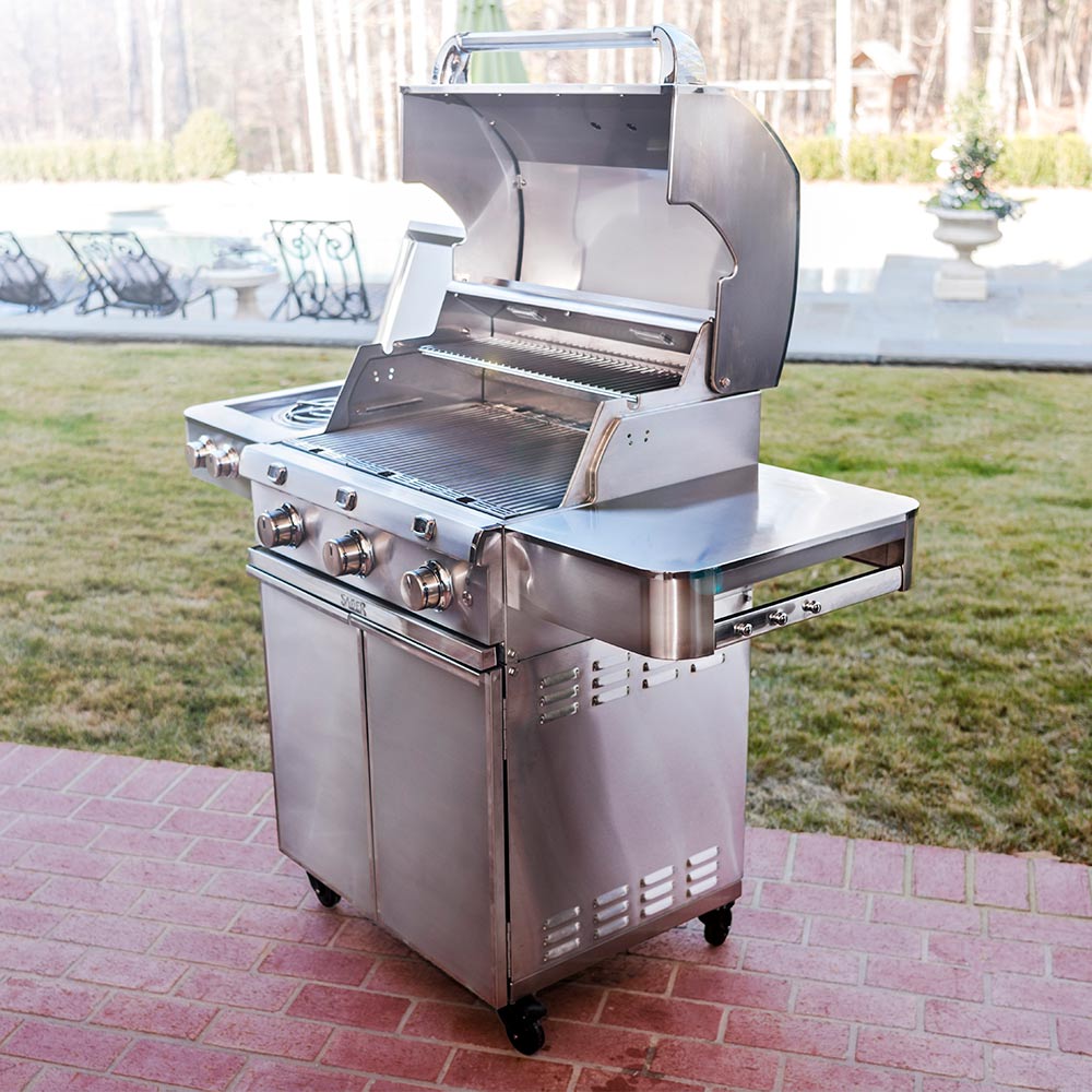 Stainless steel infrared gas grill with open hood, inner grates, and control panel