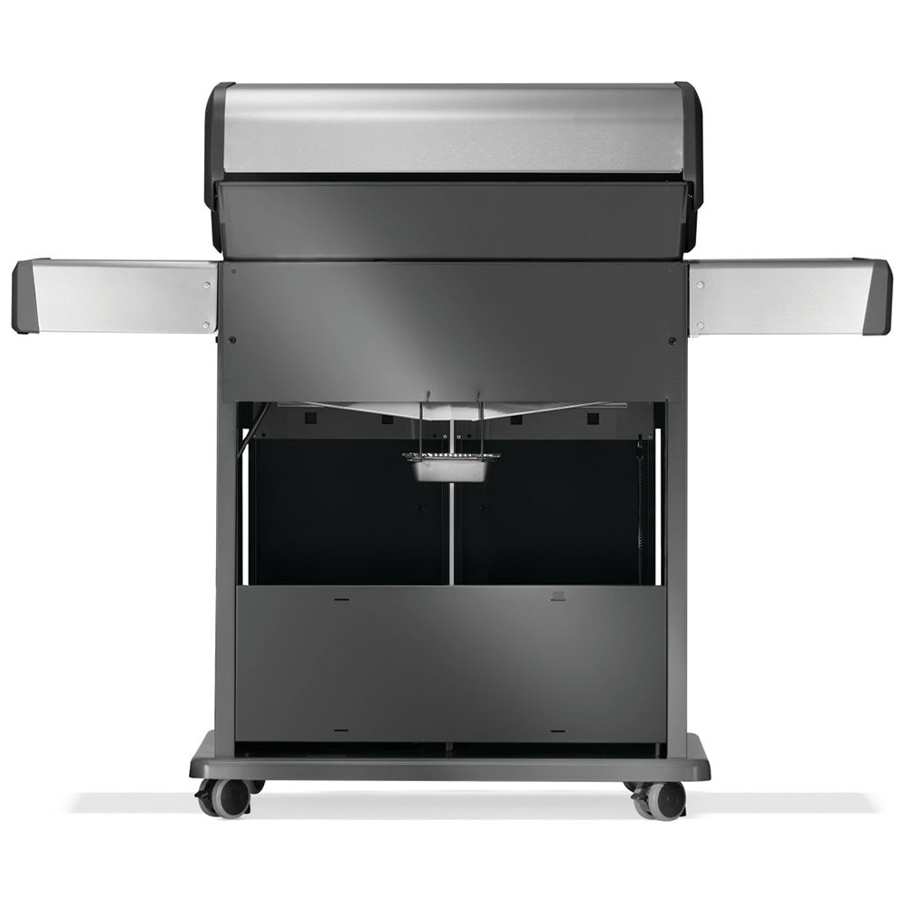 Stainless steel gas grill with lid open, cooking area visible, cart base