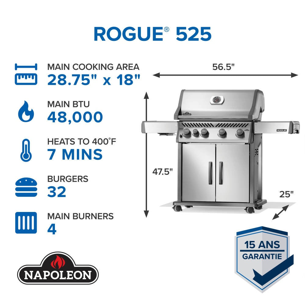Napoleon Rogue 525 Gas Grill with Range Side Burner, Stainless Steel