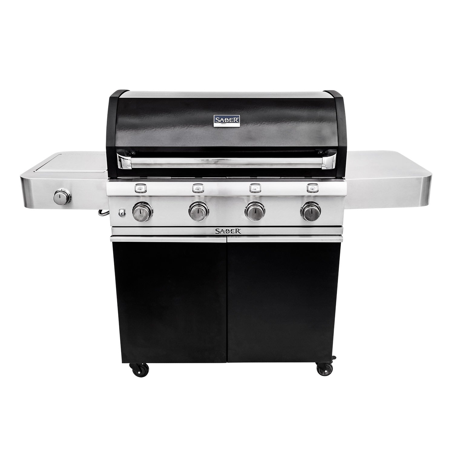 Freestanding 4-burner infrared grill in black with stainless front panel and control knobs