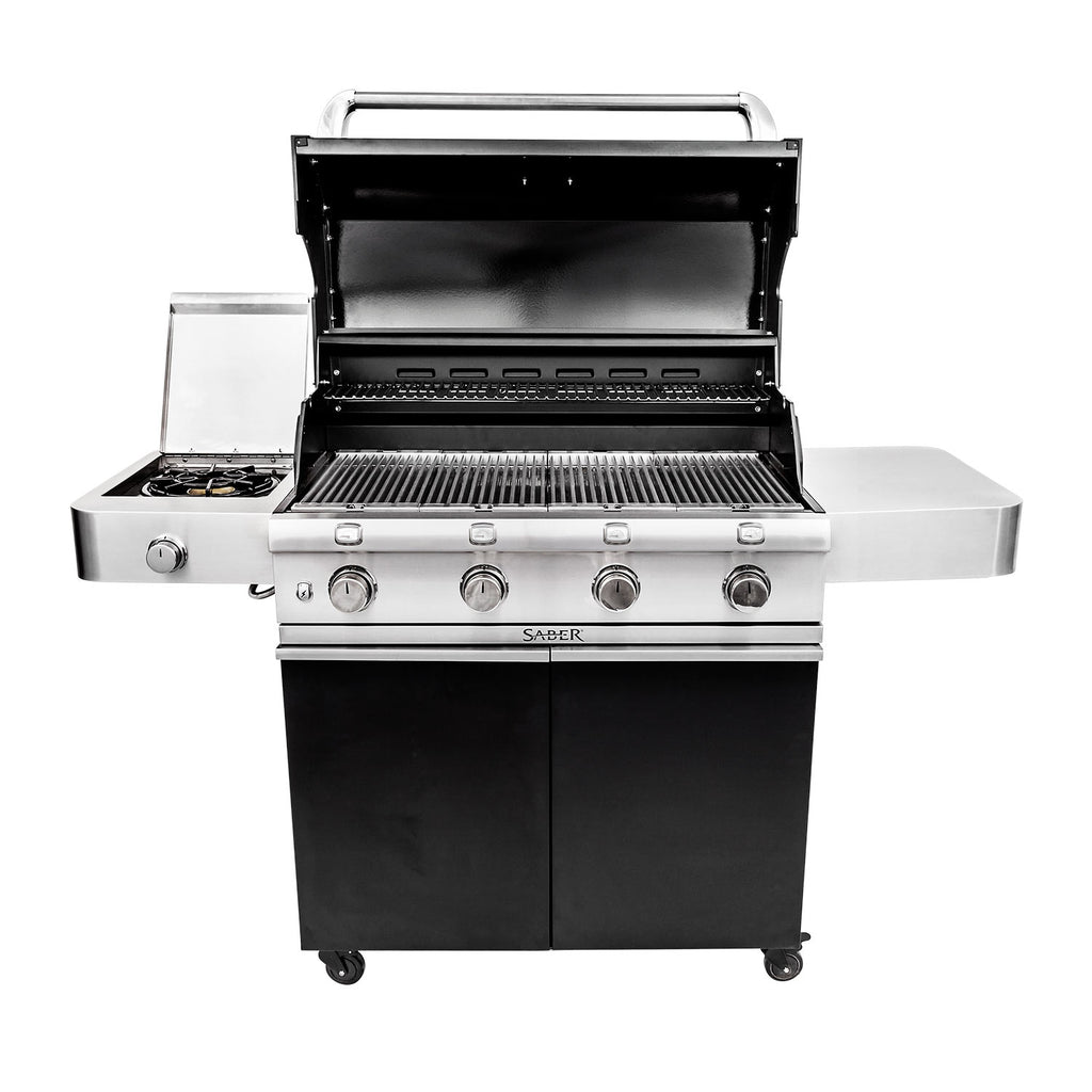 Freestanding infrared grill with open lid, stainless cooking grates, and control knobs