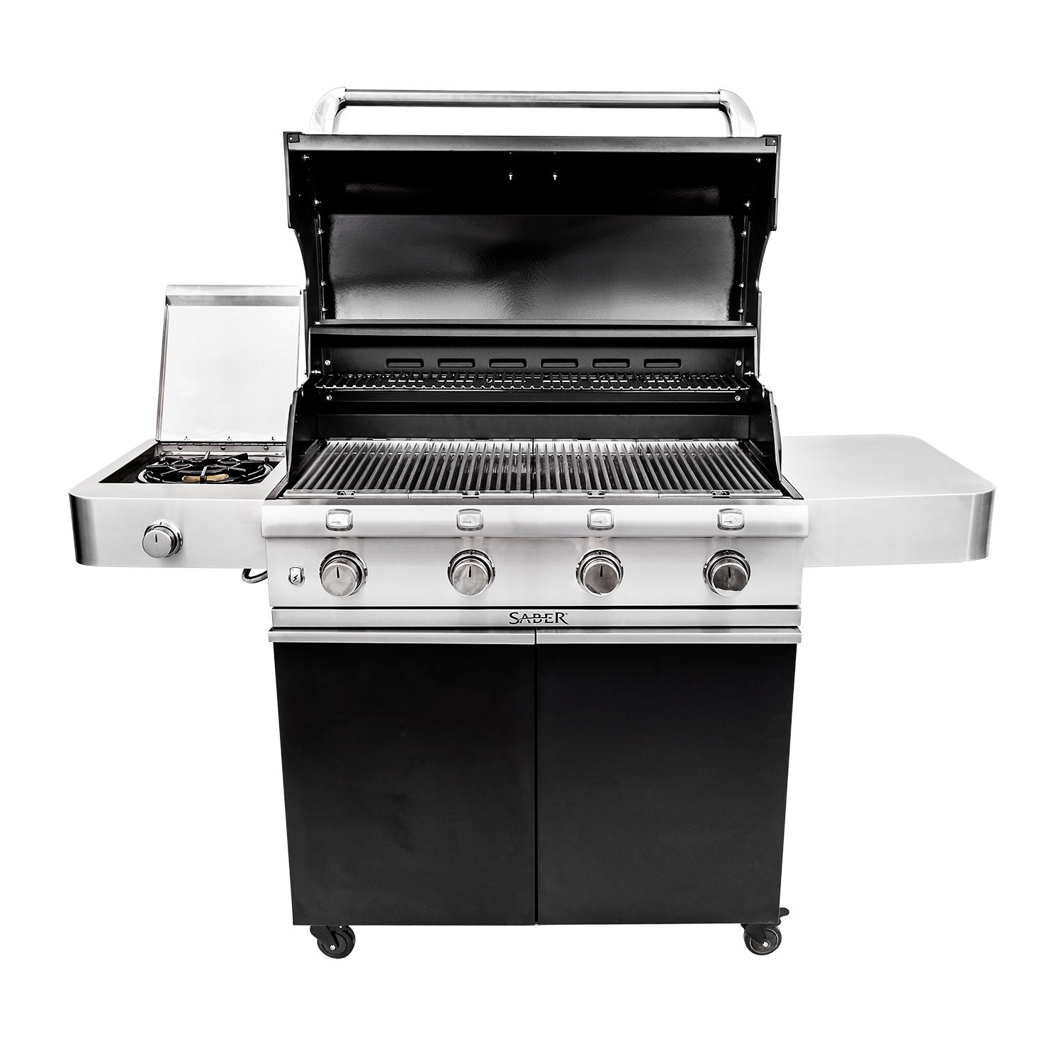Freestanding infrared grill with open lid, stainless cooking grates, and control knobs