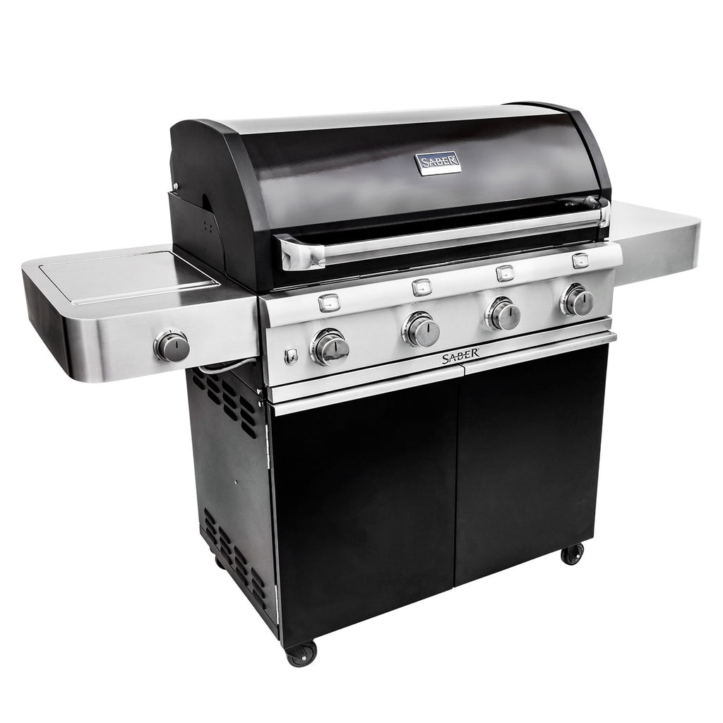 Freestanding infrared grill with side shelf and black body, lid closed, stainless control panel
