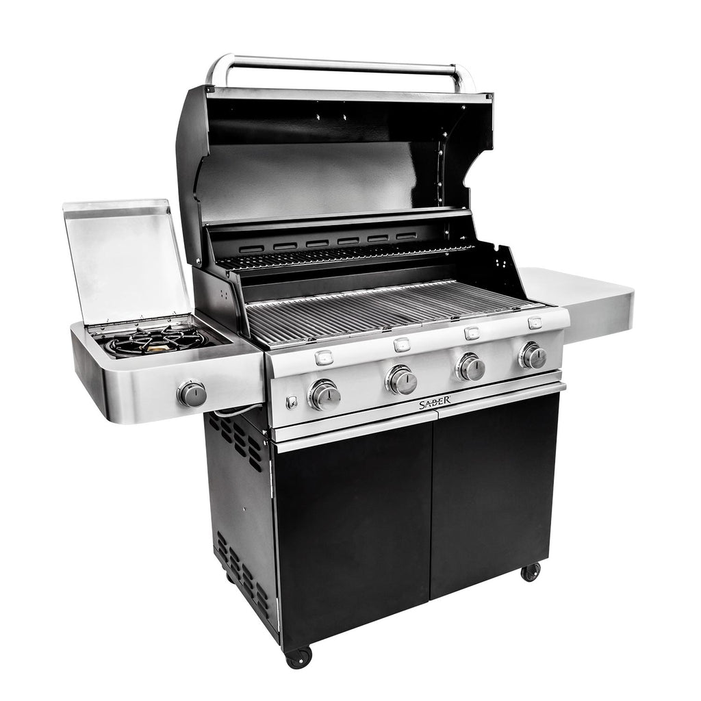 Freestanding infrared grill with open lid, stainless grates, and side burner on left