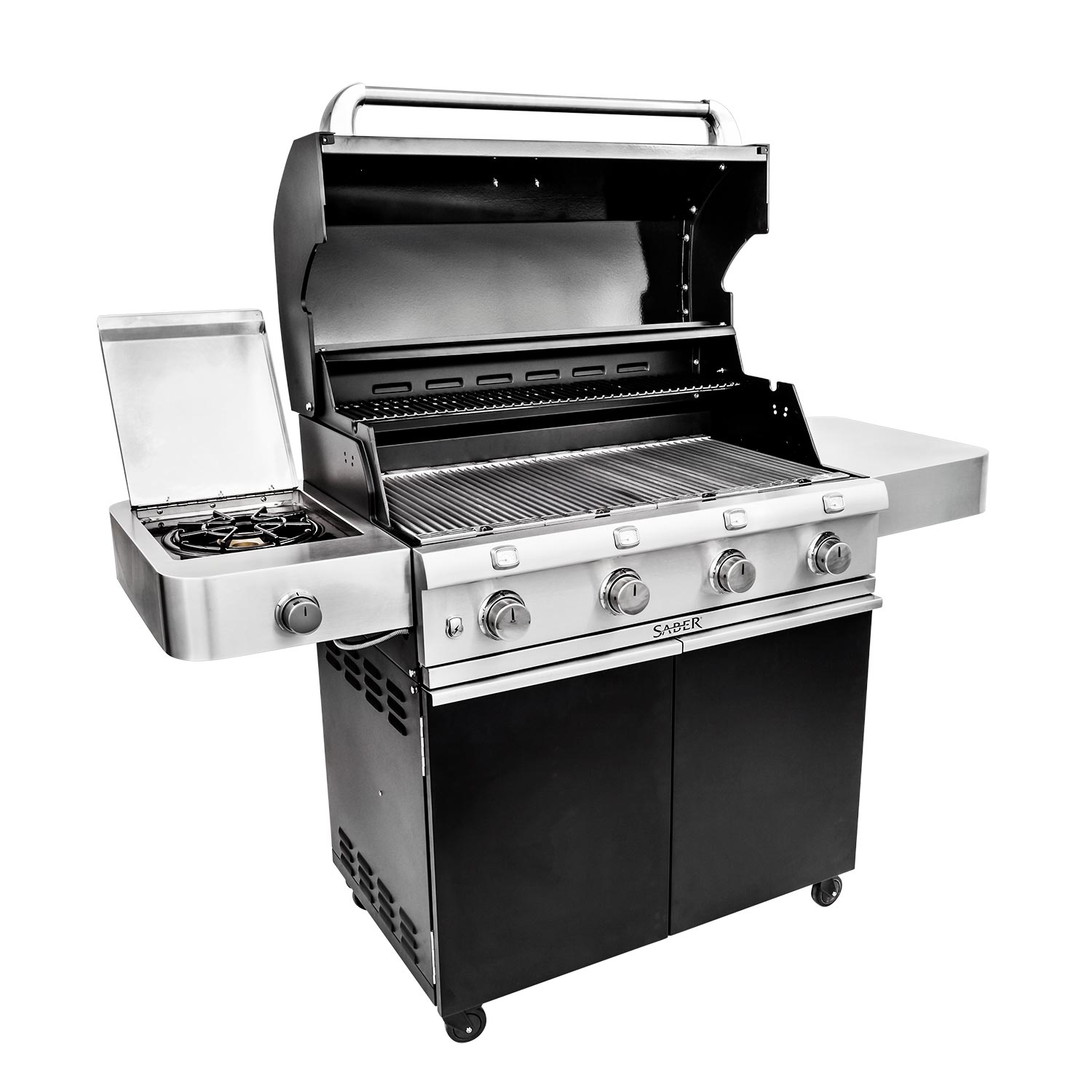 Freestanding infrared grill with open lid, stainless grates, and side burner on left