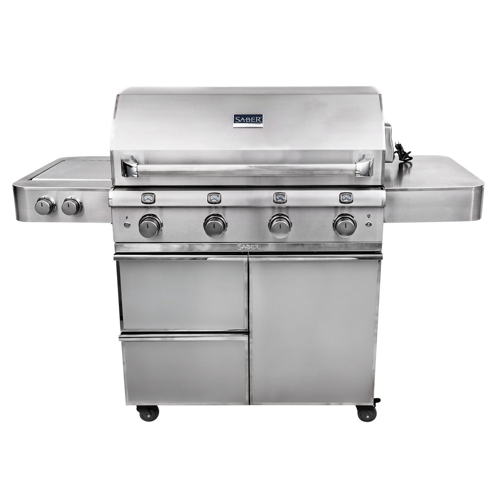 Stainless steel 4-burner infrared freestanding grill with cabinet doors and control knobs