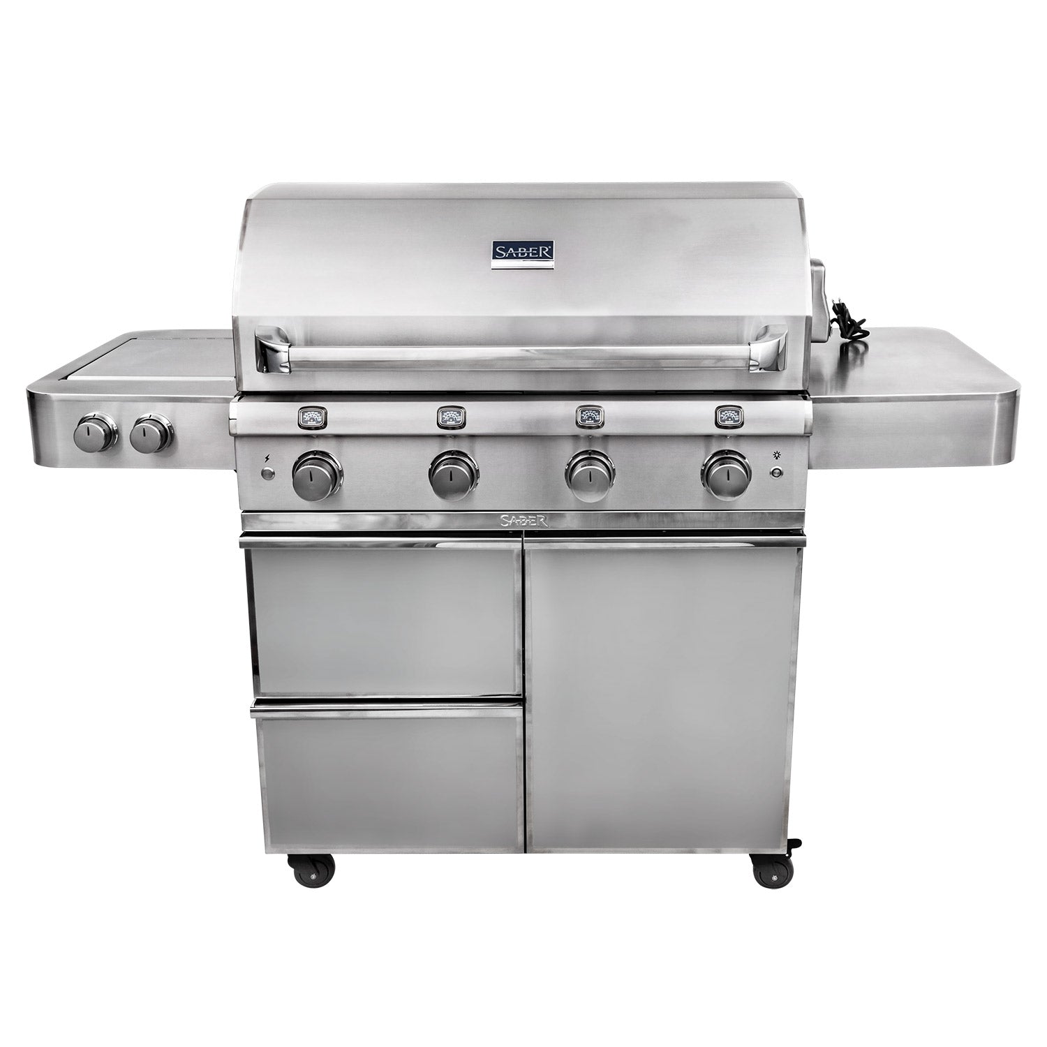 Stainless steel 4-burner infrared freestanding grill with cabinet doors and control knobs