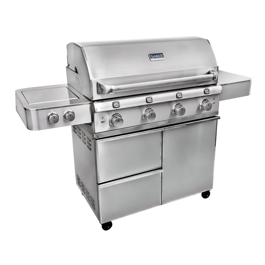 Stainless steel 4-burner infrared freestanding grill with side shelf and control knobs