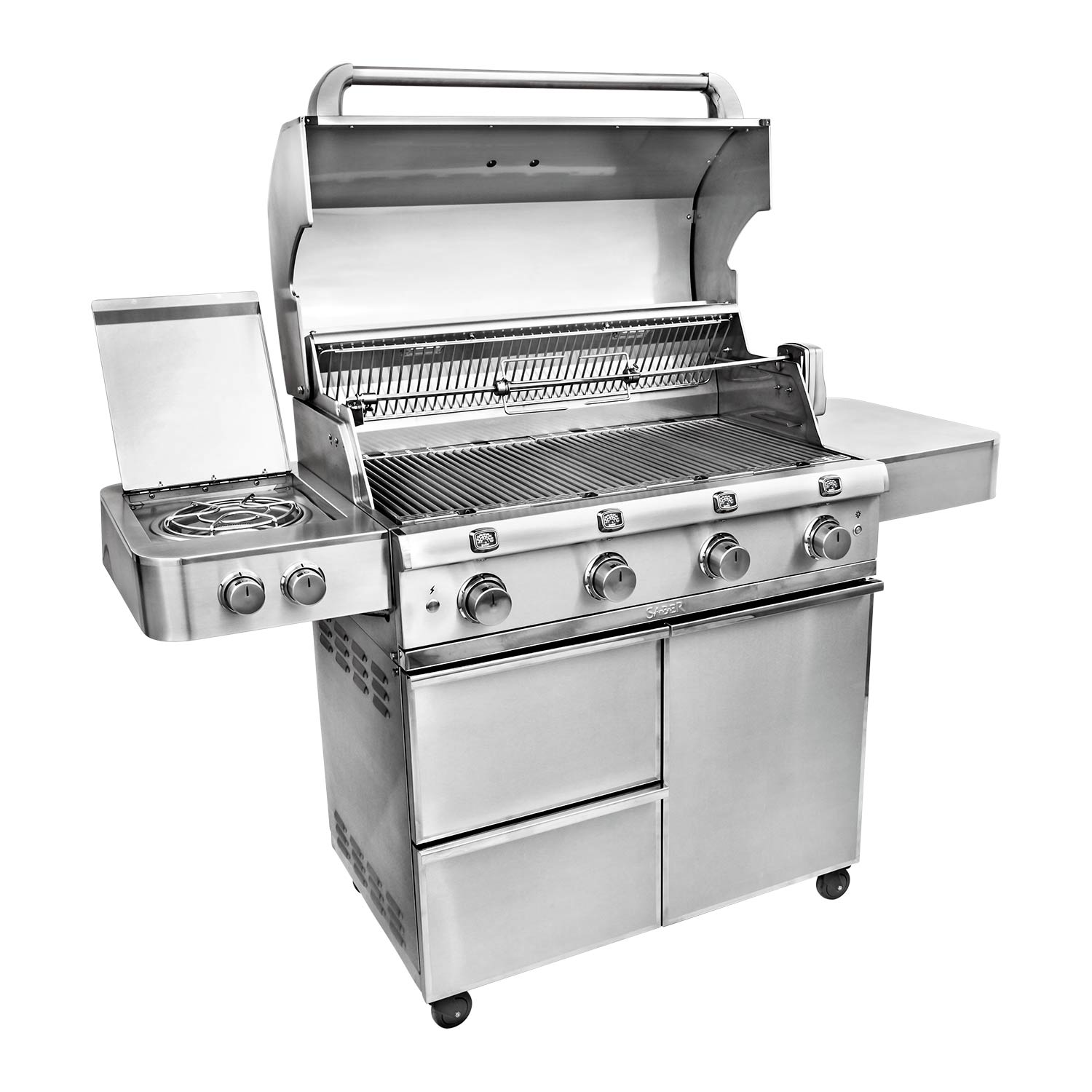 Stainless steel 4-burner infrared grill open with cooking grates and side burner module