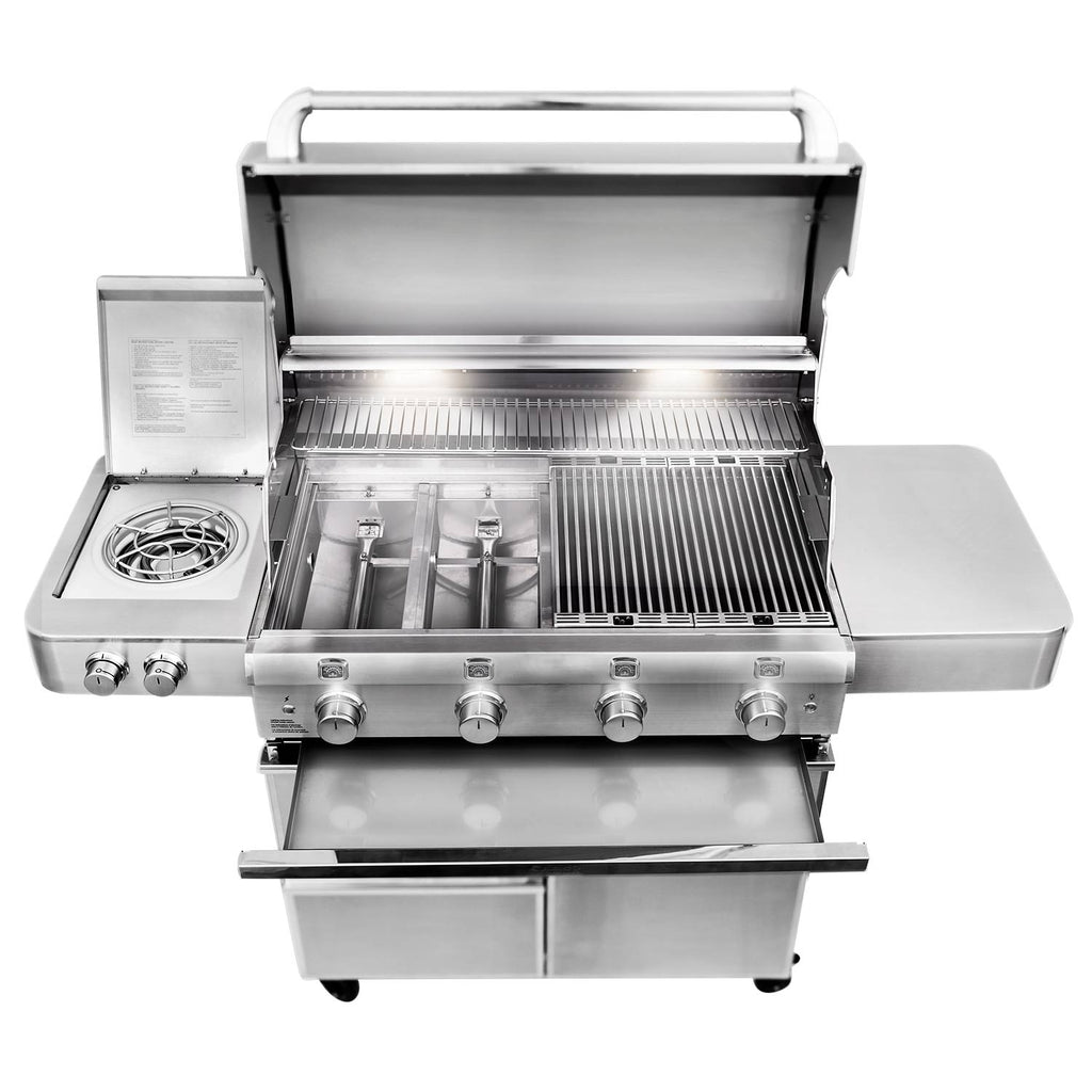 Stainless steel grill open lid showing infrared cooking area and side burner controls