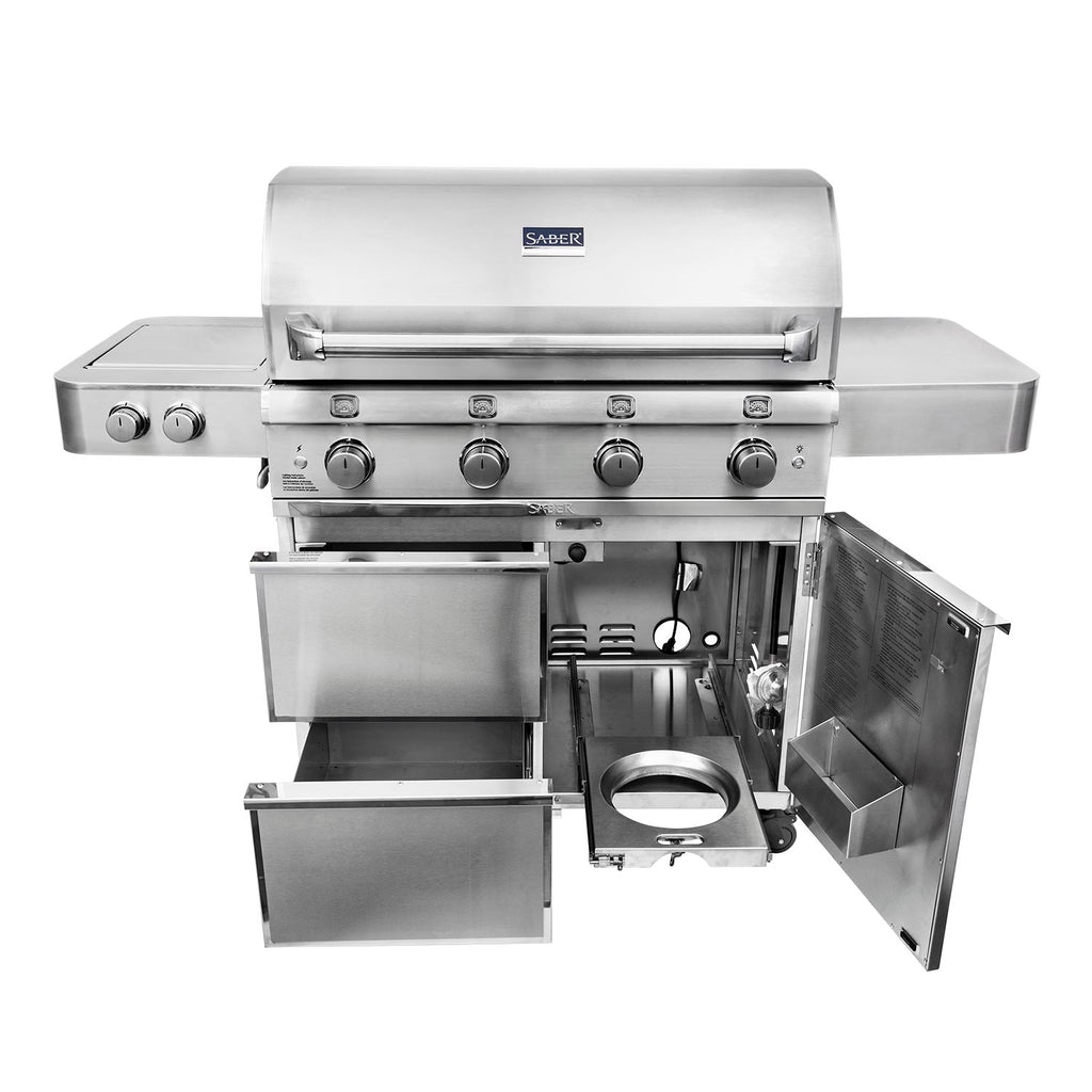 Stainless steel freestanding grill with open cabinet and side shelves showing interior components