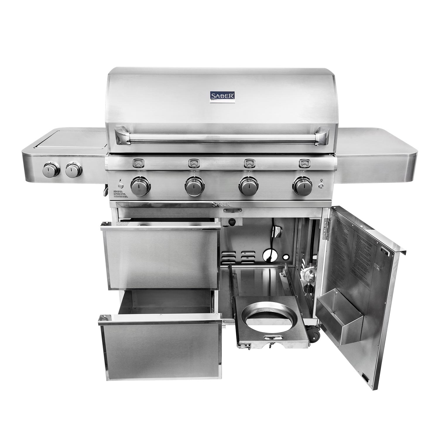 Stainless steel freestanding grill with open cabinet and side shelves showing interior components
