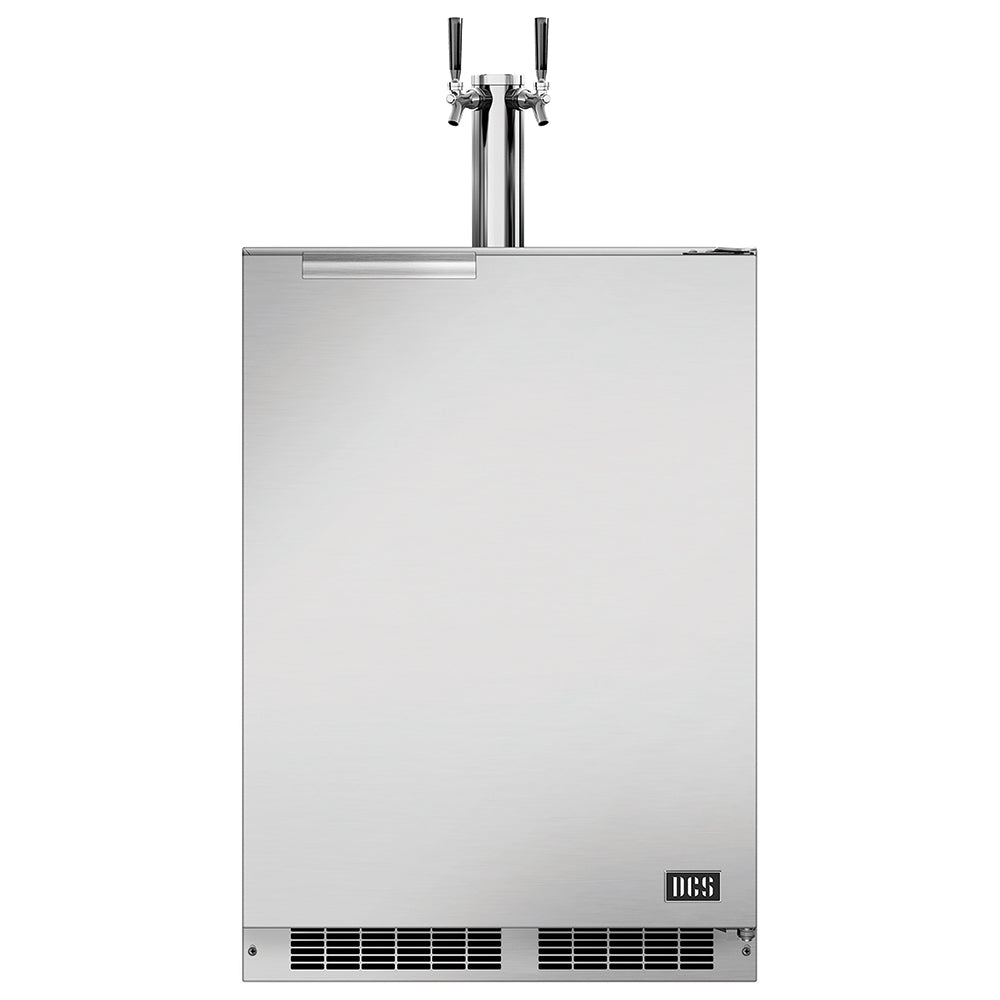 Dual-tap beer keg dispenser, stainless front with two chrome taps and bottom vents