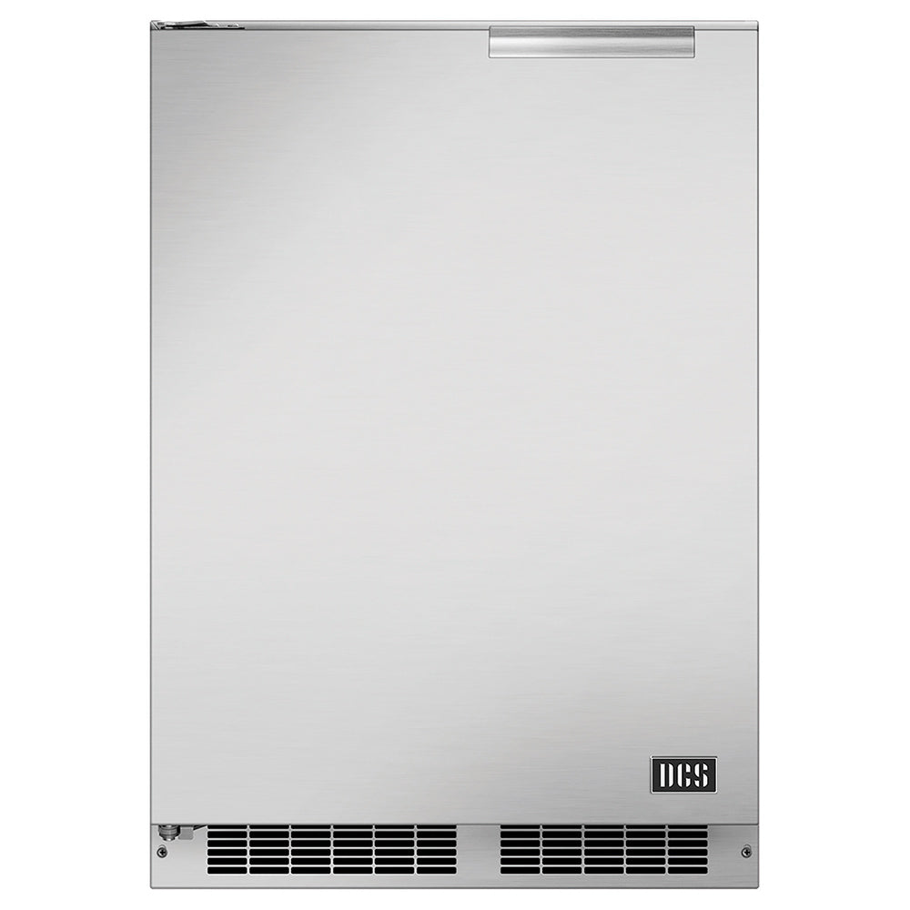 Outdoor refrigerator door in stainless steel, top handle recess and front ventilation grilles