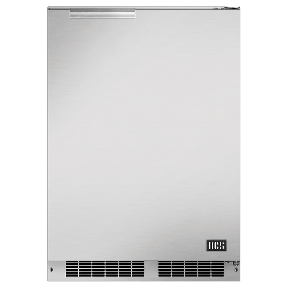 Stainless steel outdoor refrigerator with top recessed handle and bottom vent grilles