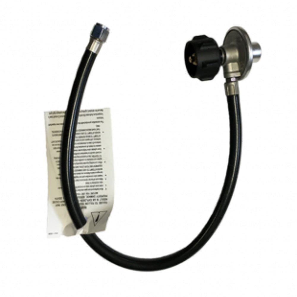 Black rubber propane hose with metal flare and POL regulator fittings