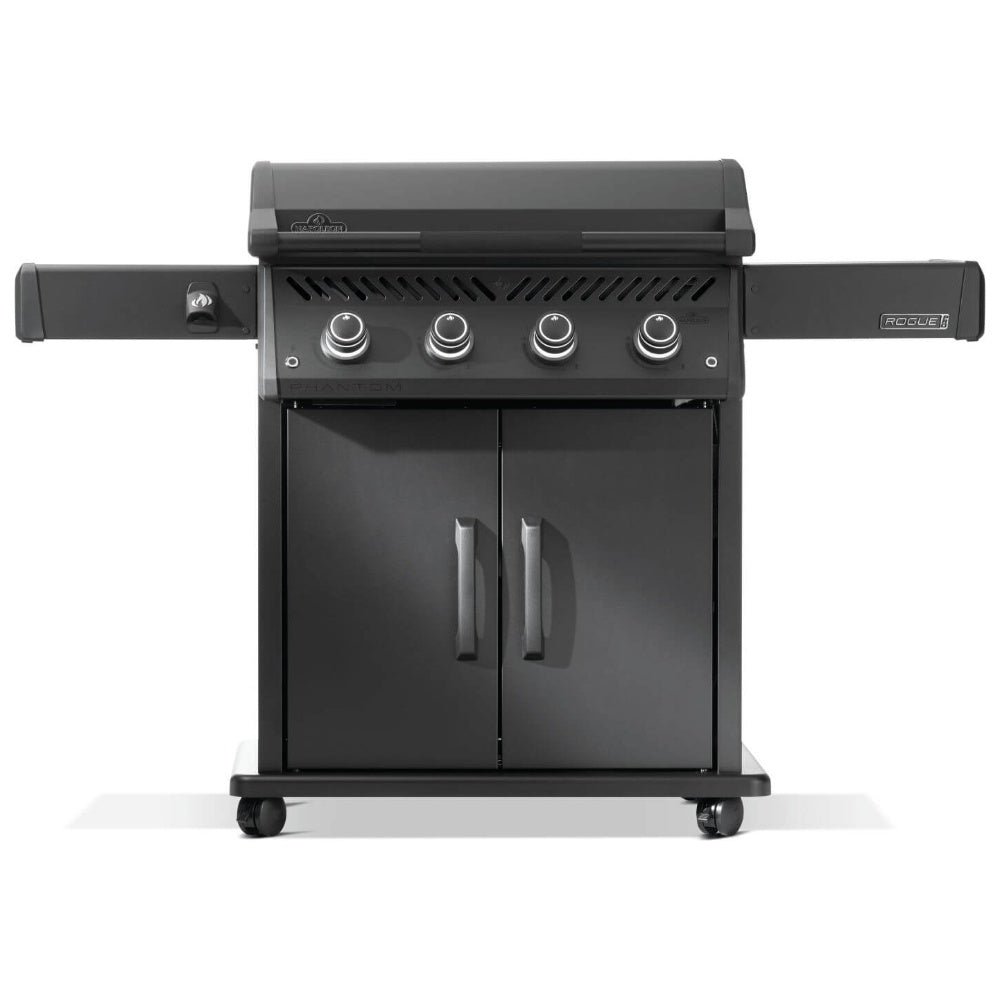 Black gas griddle grill with control knobs and cabinet doors