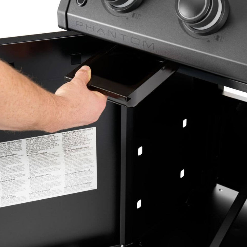 Black gas griddle grill with open side compartment and control area