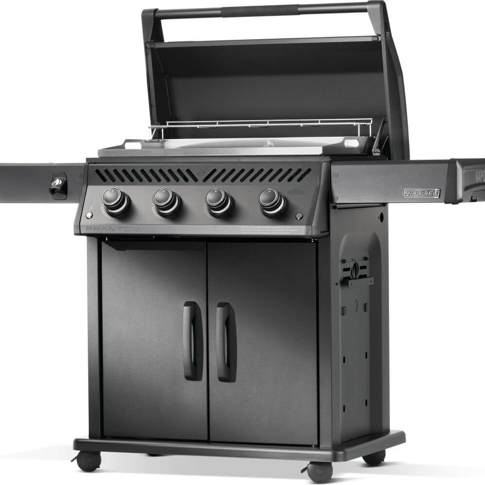 Black gas griddle grill with lid open, front knobs, and storage cabinet