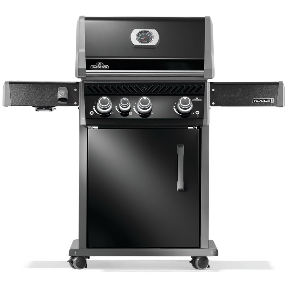 Black gas grill on cart with side shelf and control knobs, closed lid