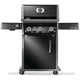 Black gas grill on cart with side shelf and control knobs, closed lid