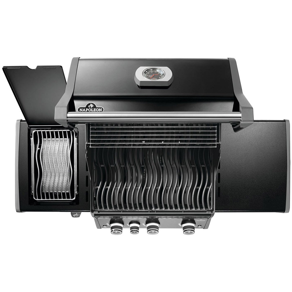 Black gas grill with open hood, showing cooking grates and infrared burner area