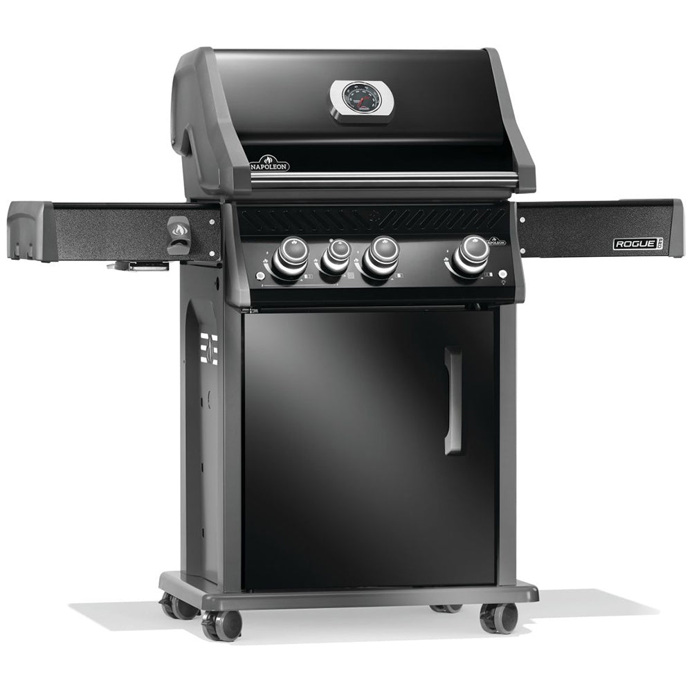 Black gas grill on cart with control panel, side shelf, and closed lid