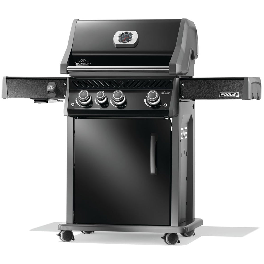 Black gas grill on cart, front view with control knobs and side shelf