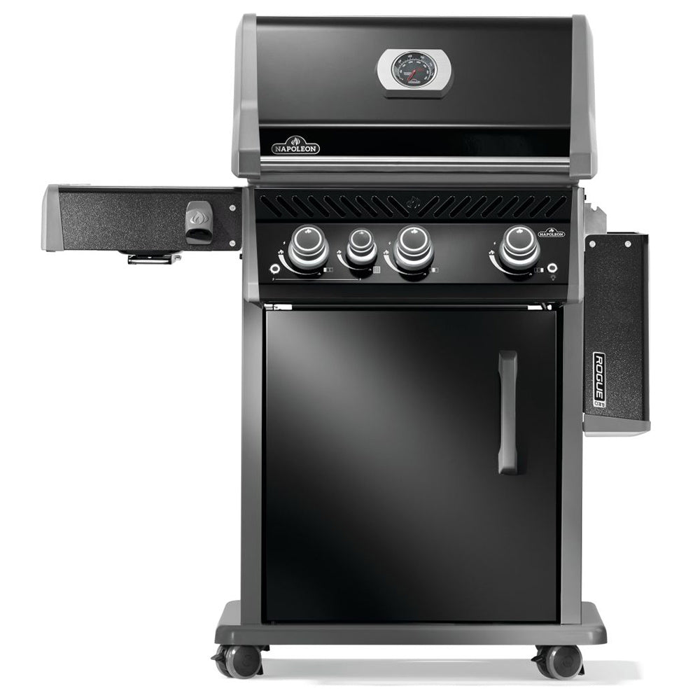 Stainless steel gas grill on cart with control knobs, side shelf, and closed lid