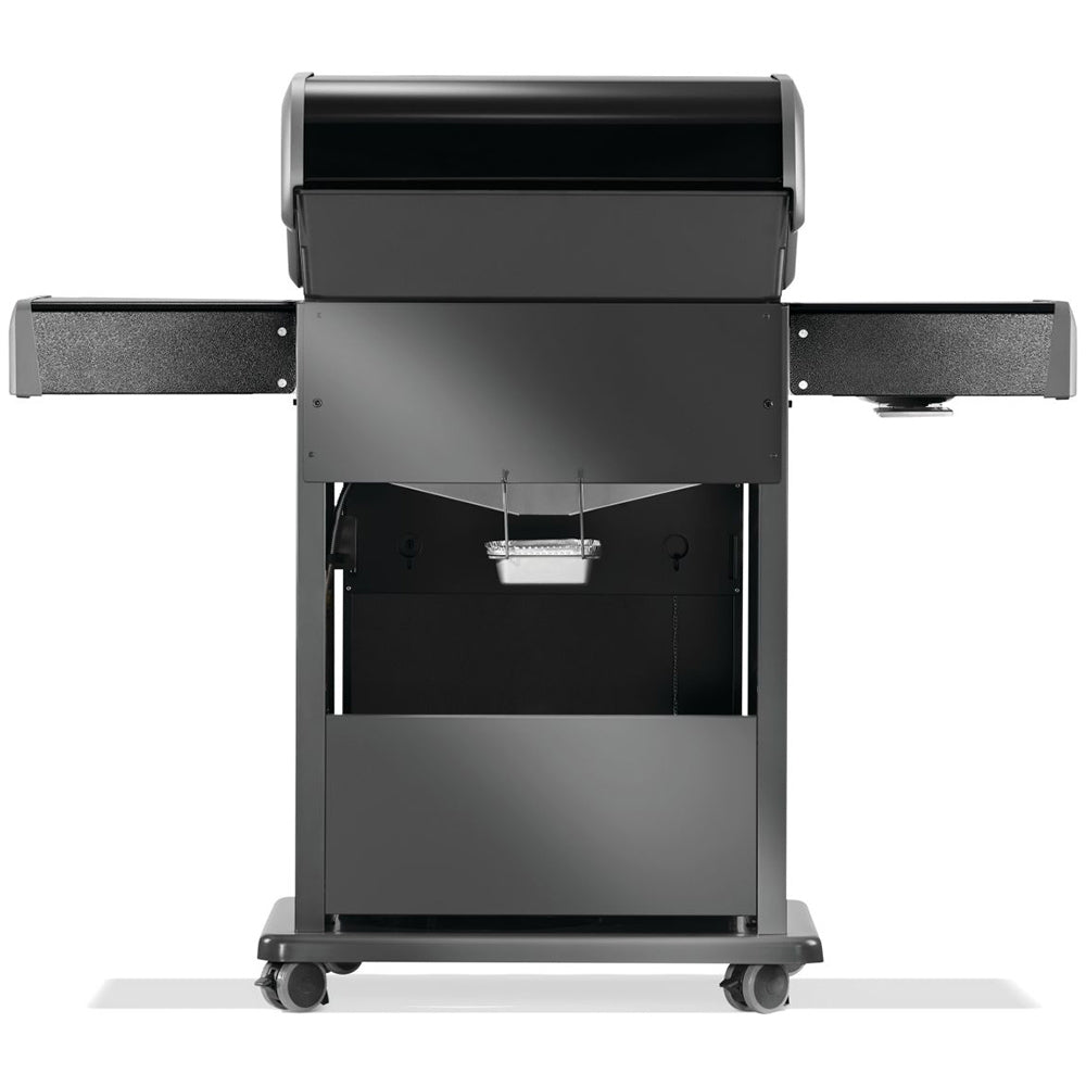 Black gas grill on cart with open hood, warming tray and cooking chamber visible