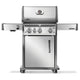 Stainless steel gas grill on cart with control panel, side shelf, and closed lid