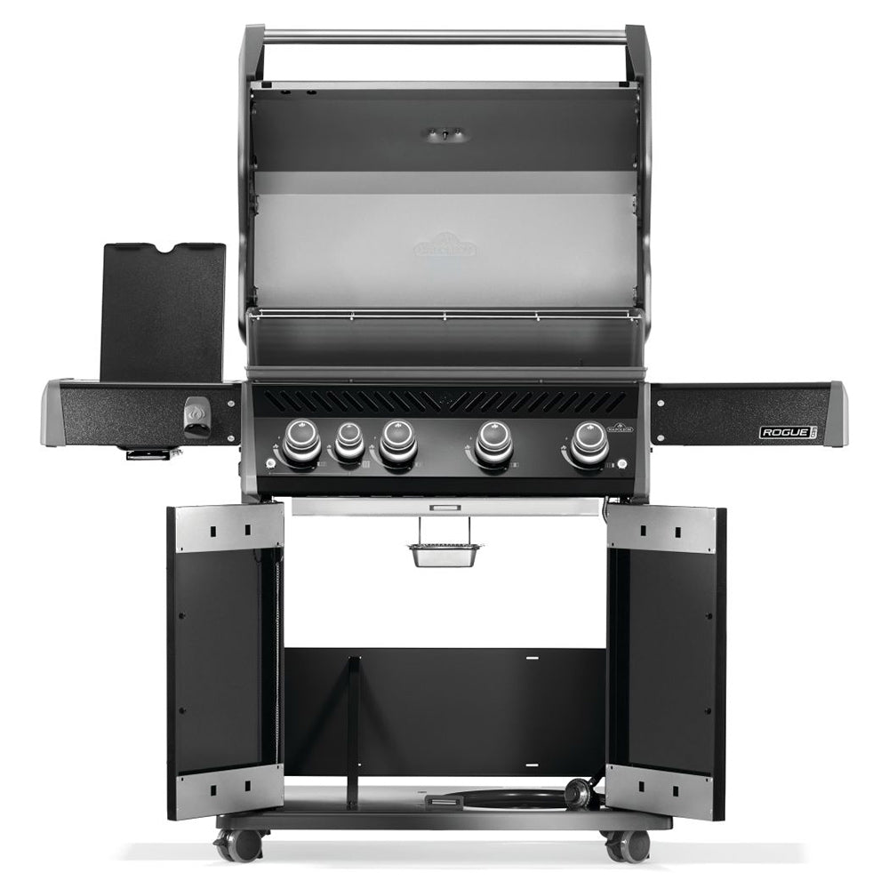 Black gas grill on cart with open cabinet door and control panel